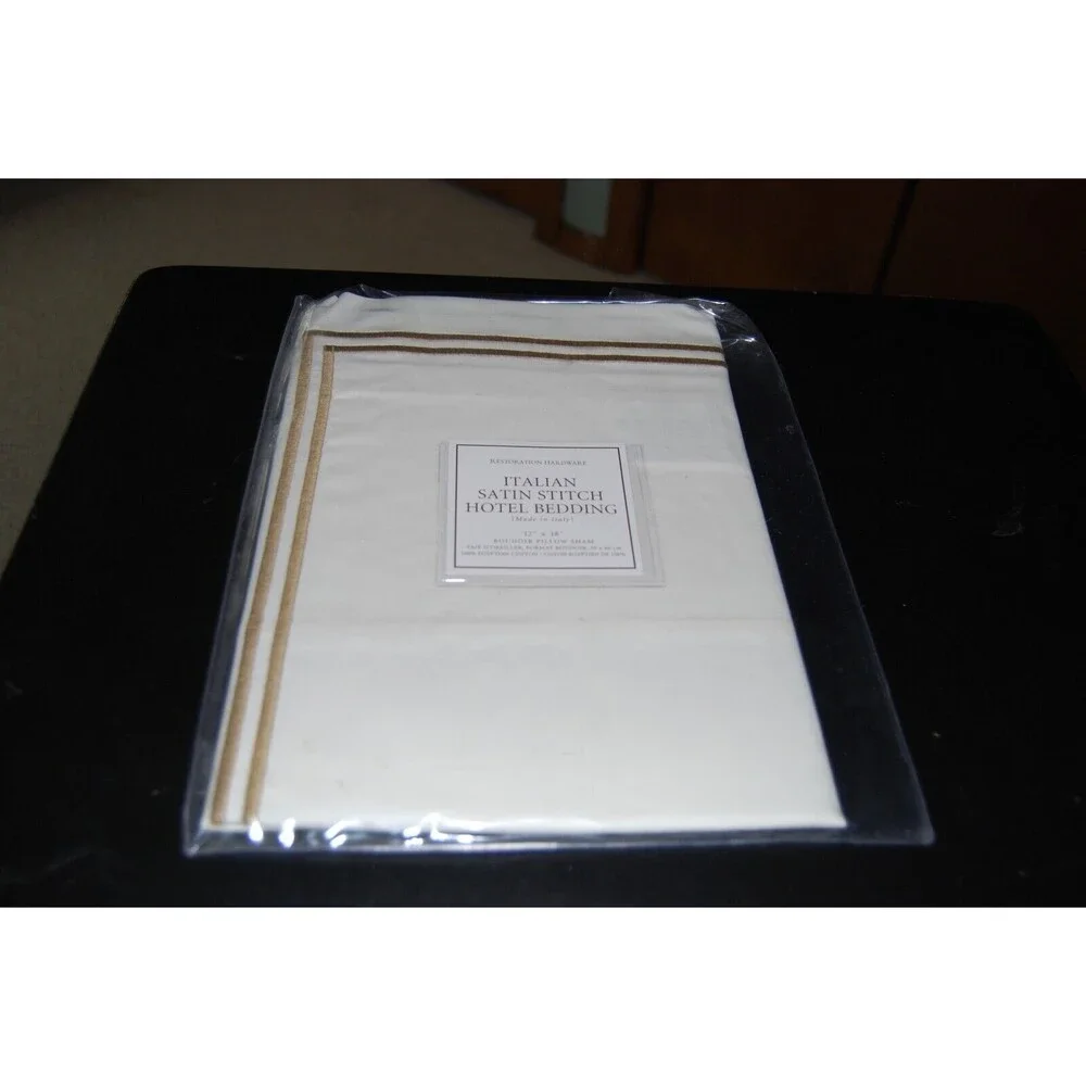 Restoration Hardware Italian Satin Stitch Boudoir Pillow Sham White with Tan